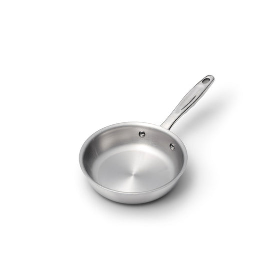 Stainless steel frying pan on a white background