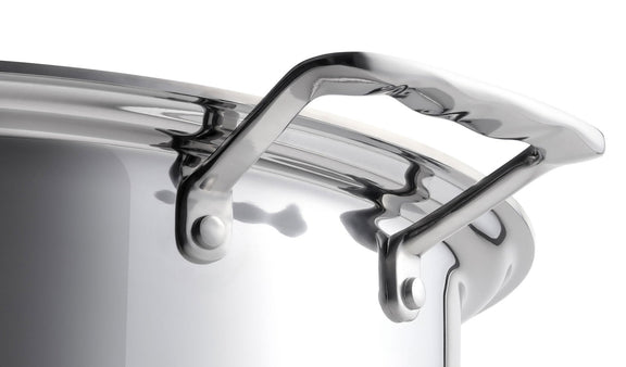 Close-up of a stainless steel pot lid on a white background