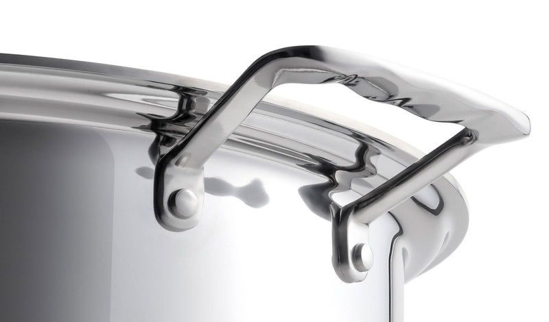Close-up of a stainless steel pot lid on a white background