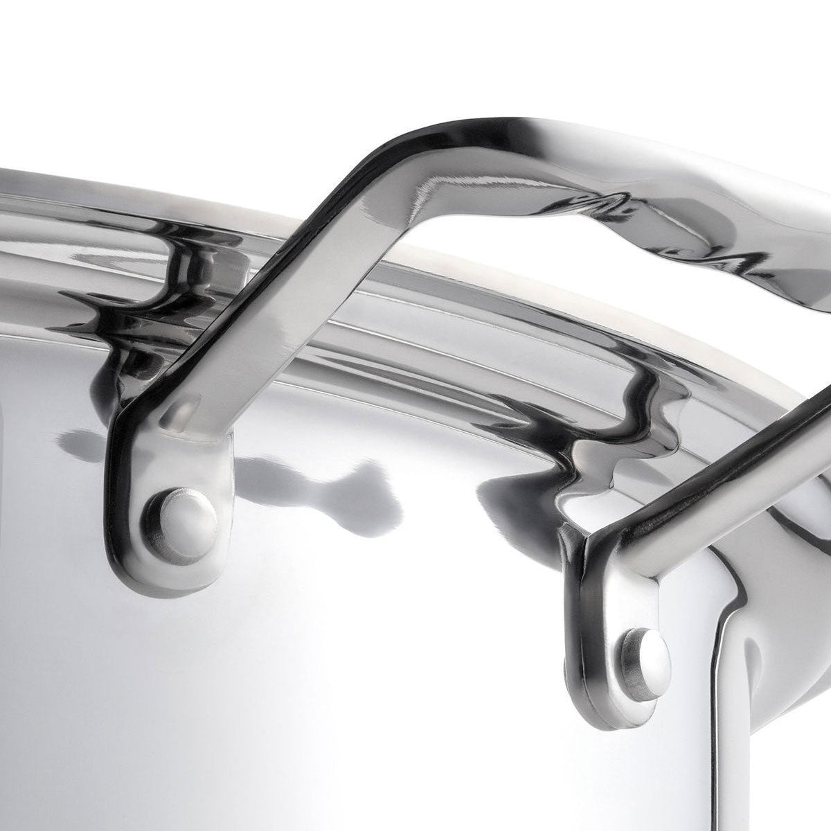 Close-up of a stainless steel pot lid on a white background