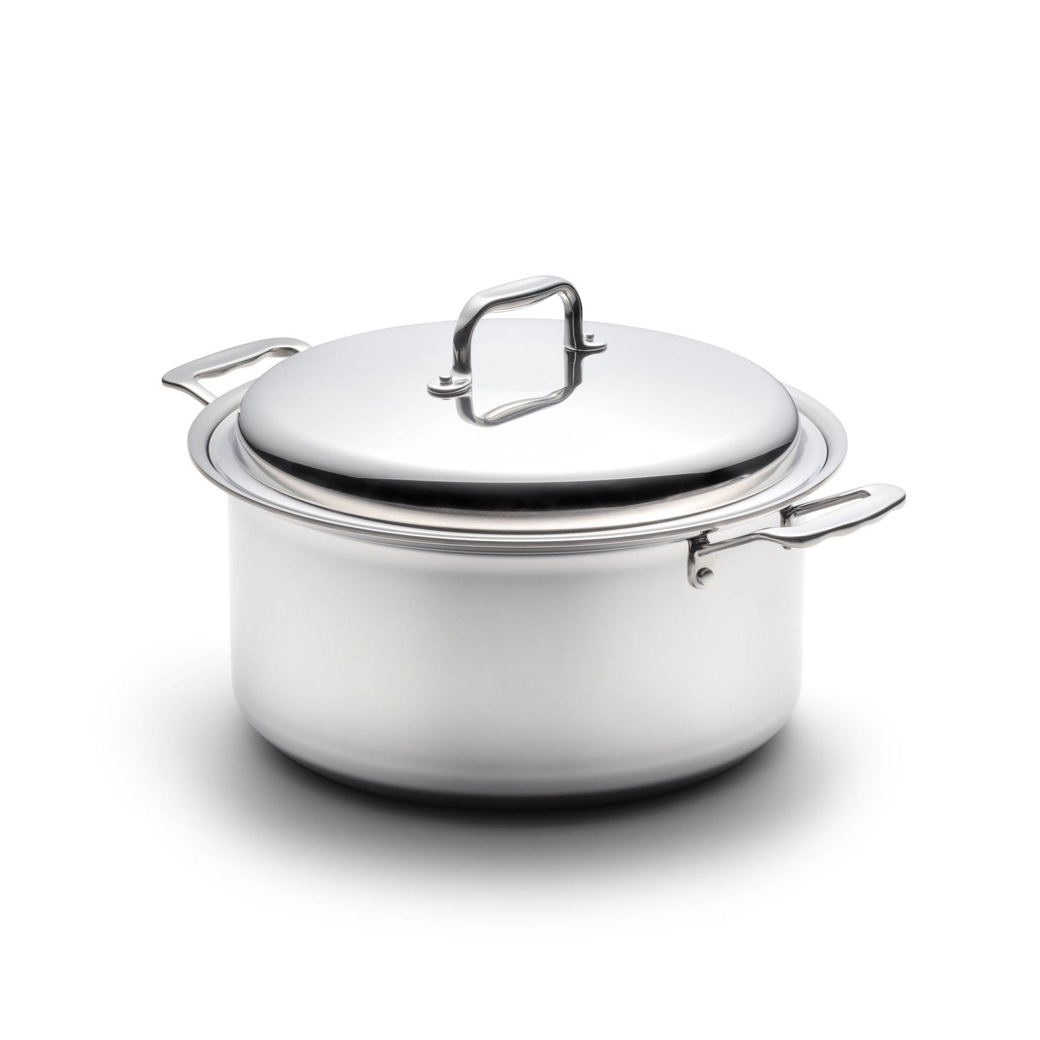 Stainless steel pot with lid on a white background