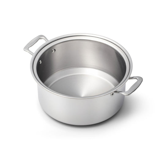Stainless steel pot on a white background