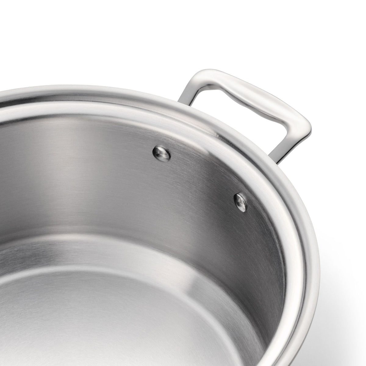 Close-up of a stainless steel pot with a handle on a white background