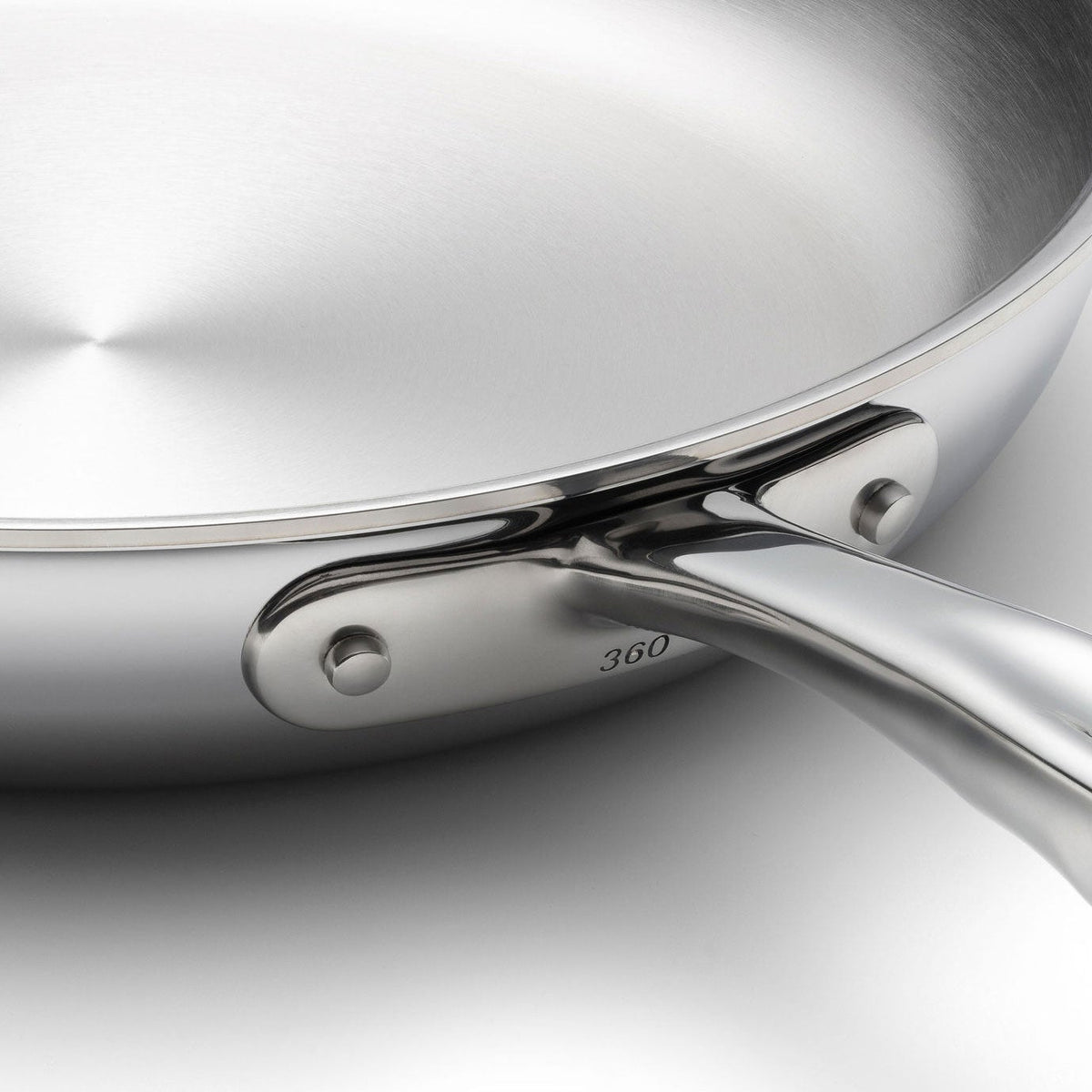 Close-up of a stainless steel frying pan on a white background