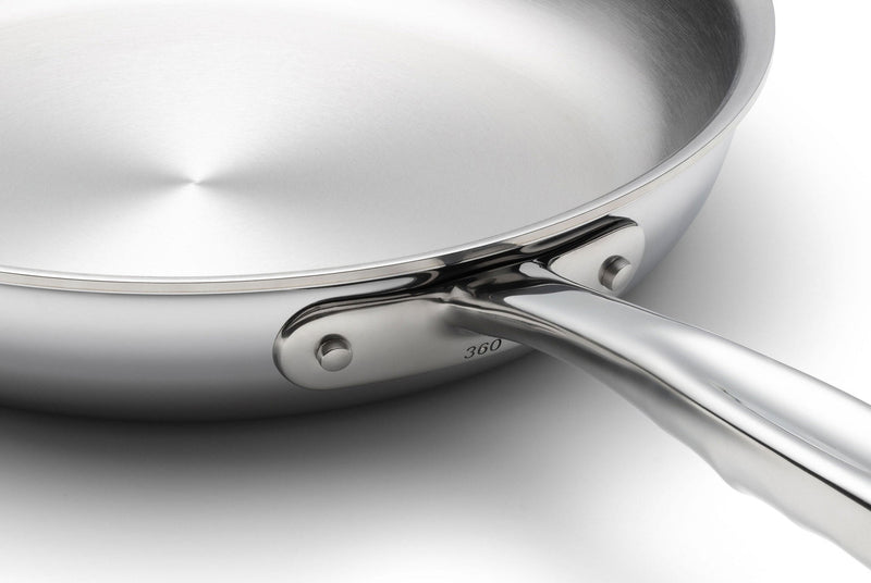 Close-up of a stainless steel frying pan on a white background