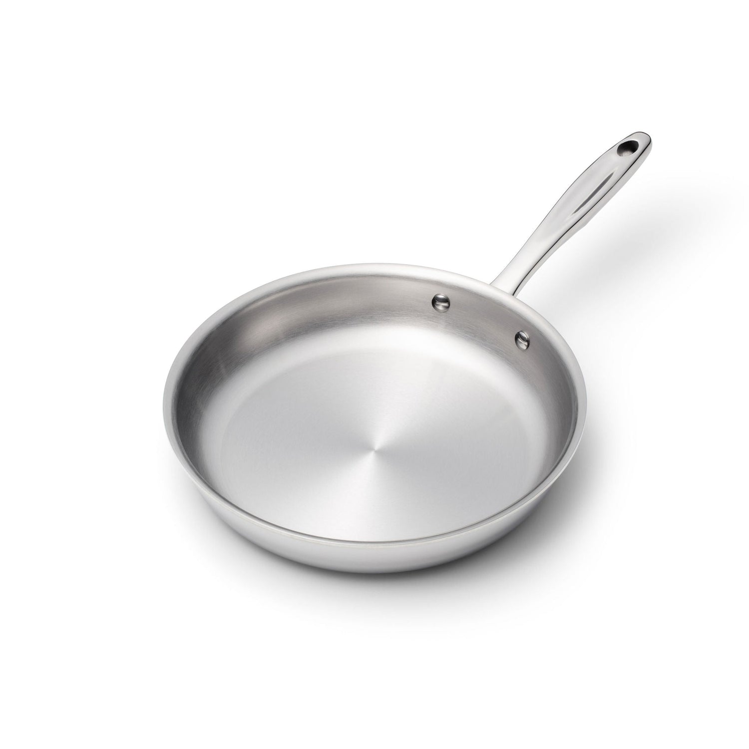 Stainless steel frying pan on a white background