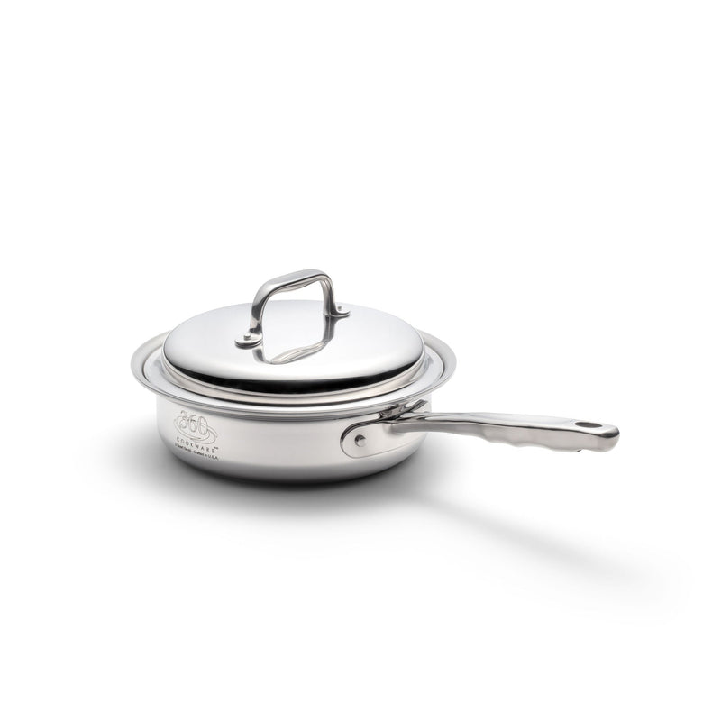 Stainless steel sauté pan with lid on a white background