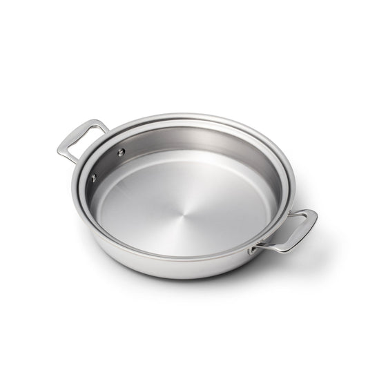 Stainless steel pot with handles on a white background