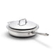 Stainless steel frying pan with lid on a white background