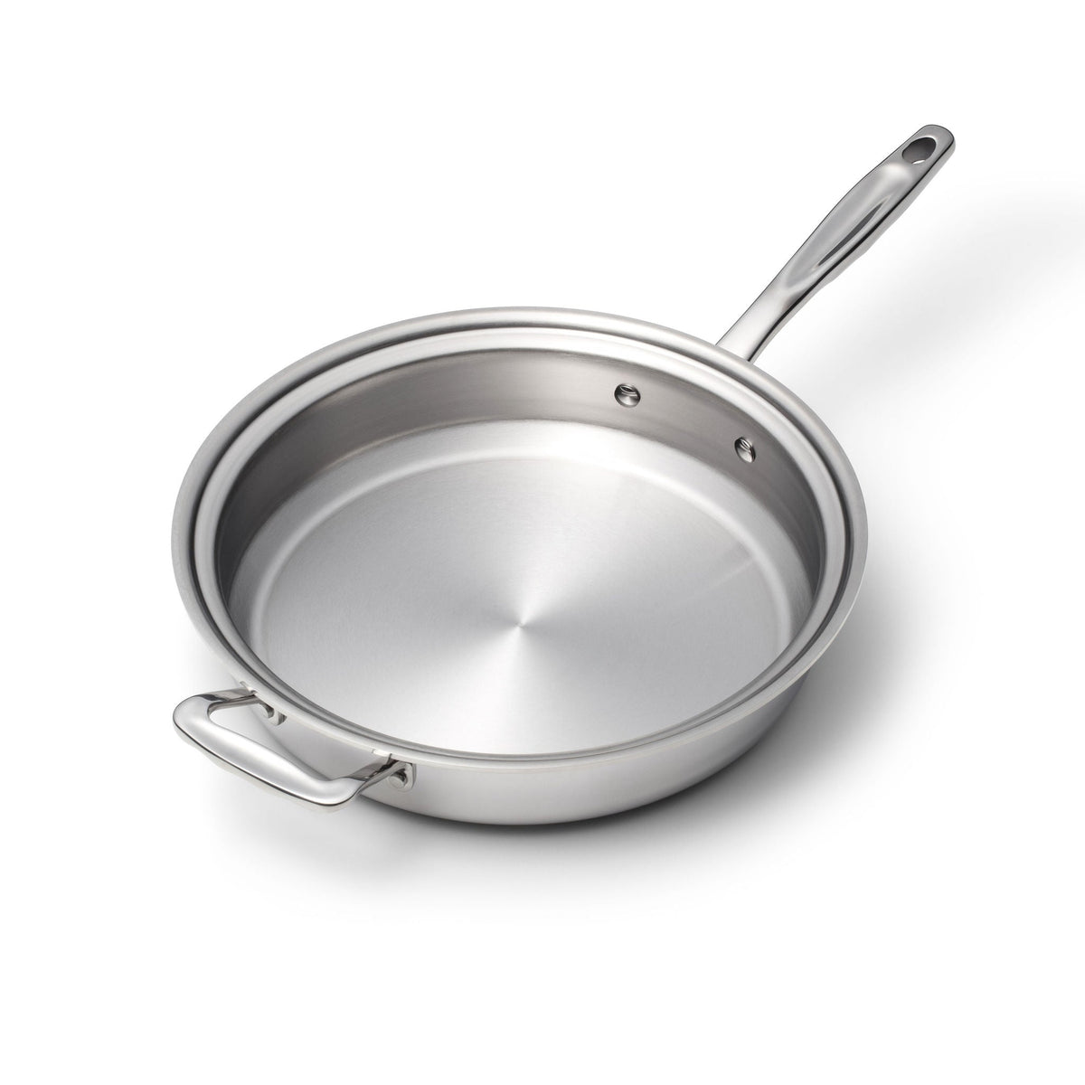 Stainless steel frying pan on a white background