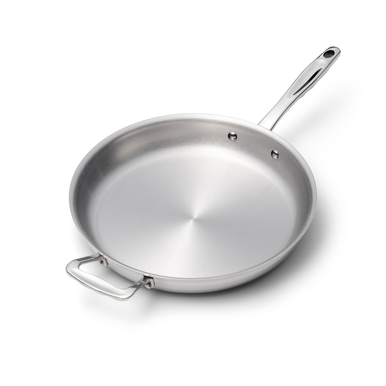 Stainless steel frying pan on a white background