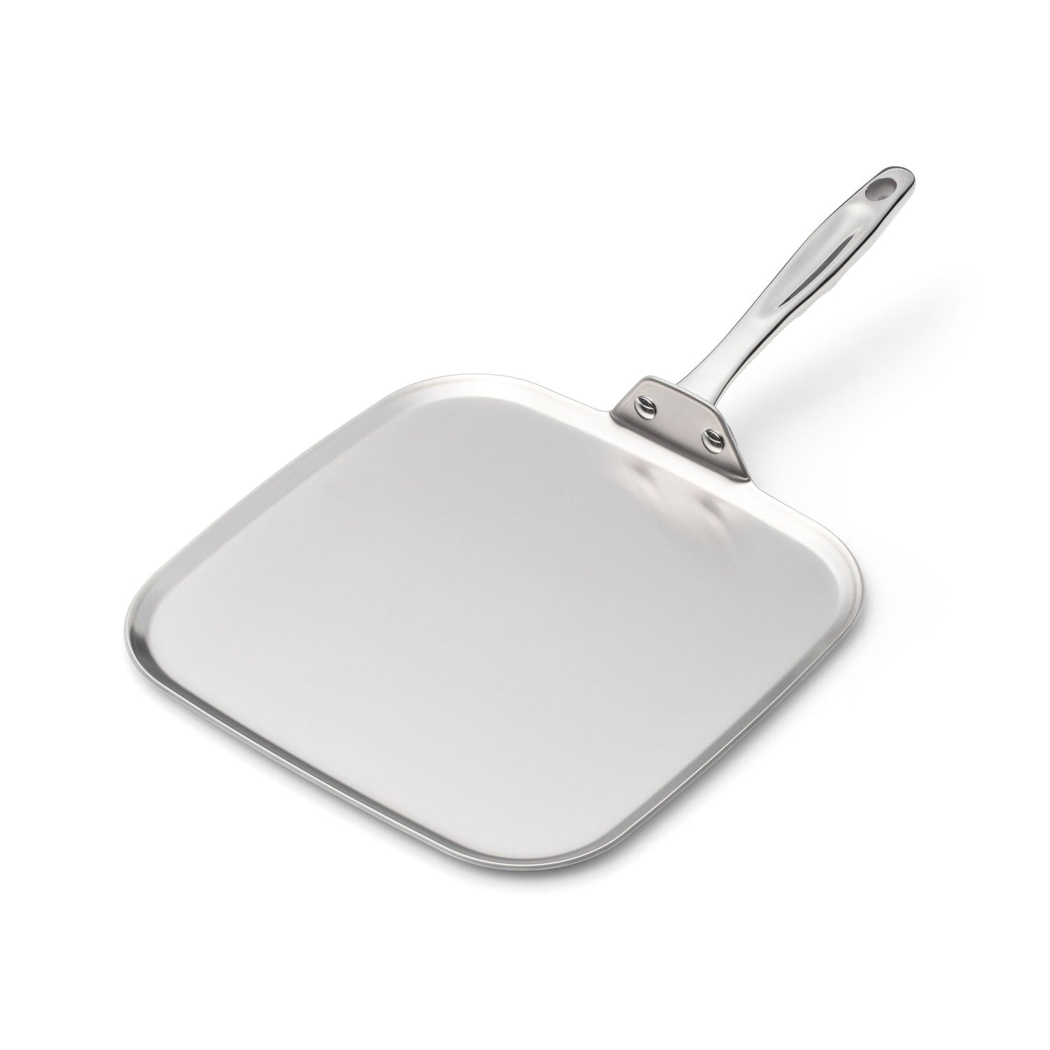 Stainless steel frying pan on a white background