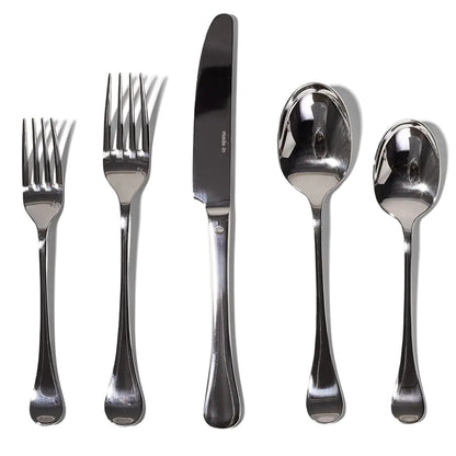 Set of silver cutlery including forks, knife, and spoons on a white background