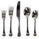 Set of silver cutlery including forks, knife, and spoons on a white background