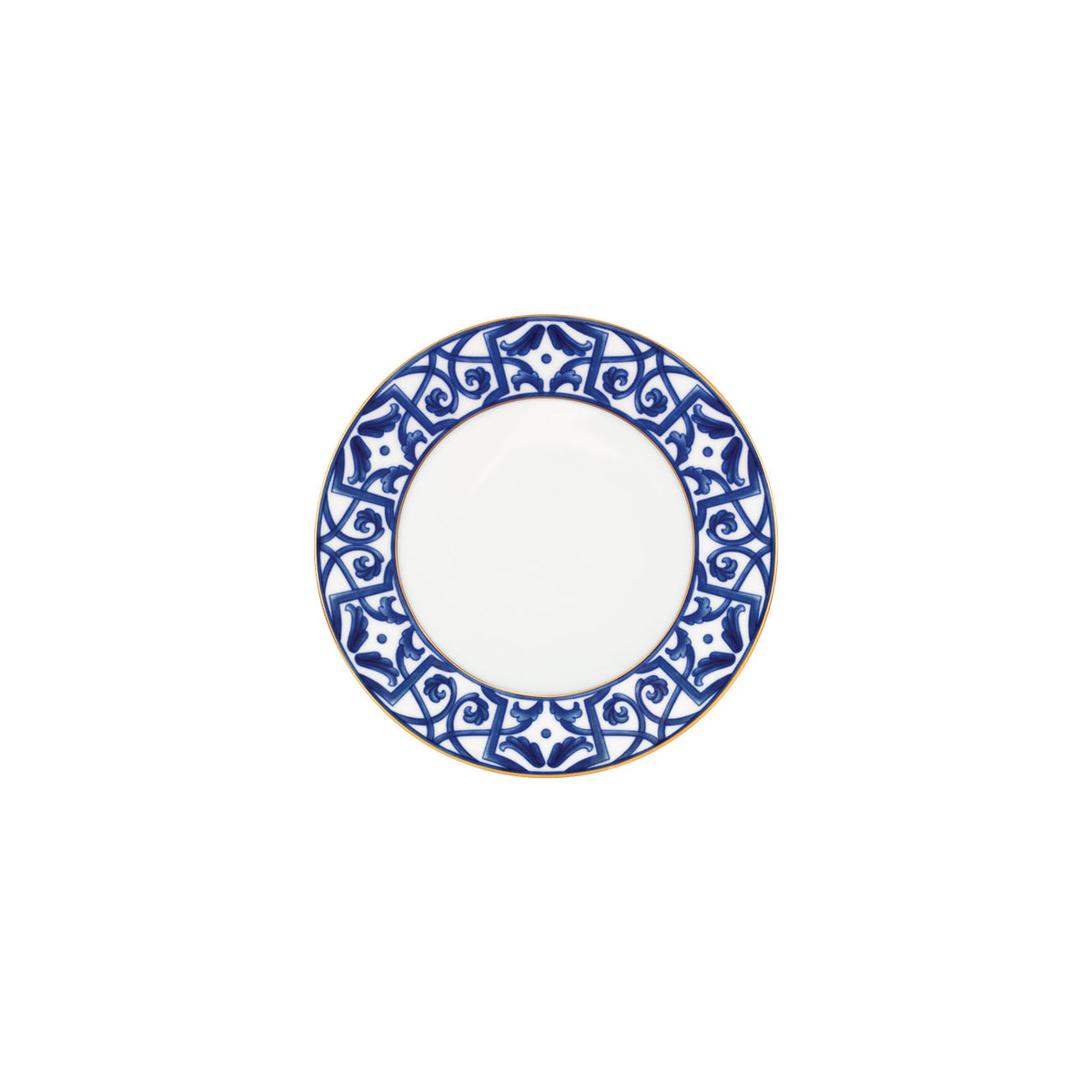Ceramic plate with blue decorative rim on a white background
