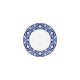 Ceramic plate with blue decorative rim on a white background