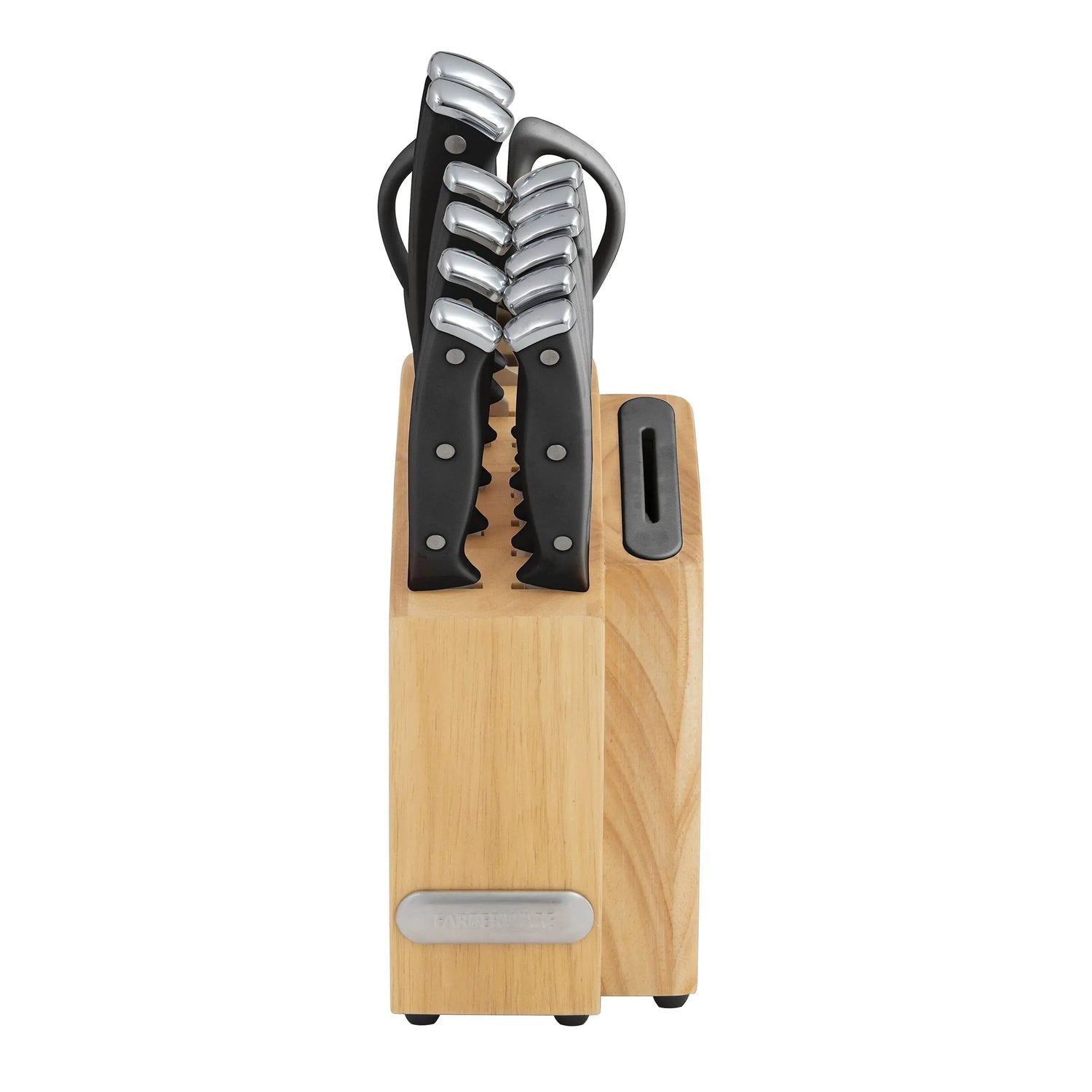 Set of knives with wooden block on a white background