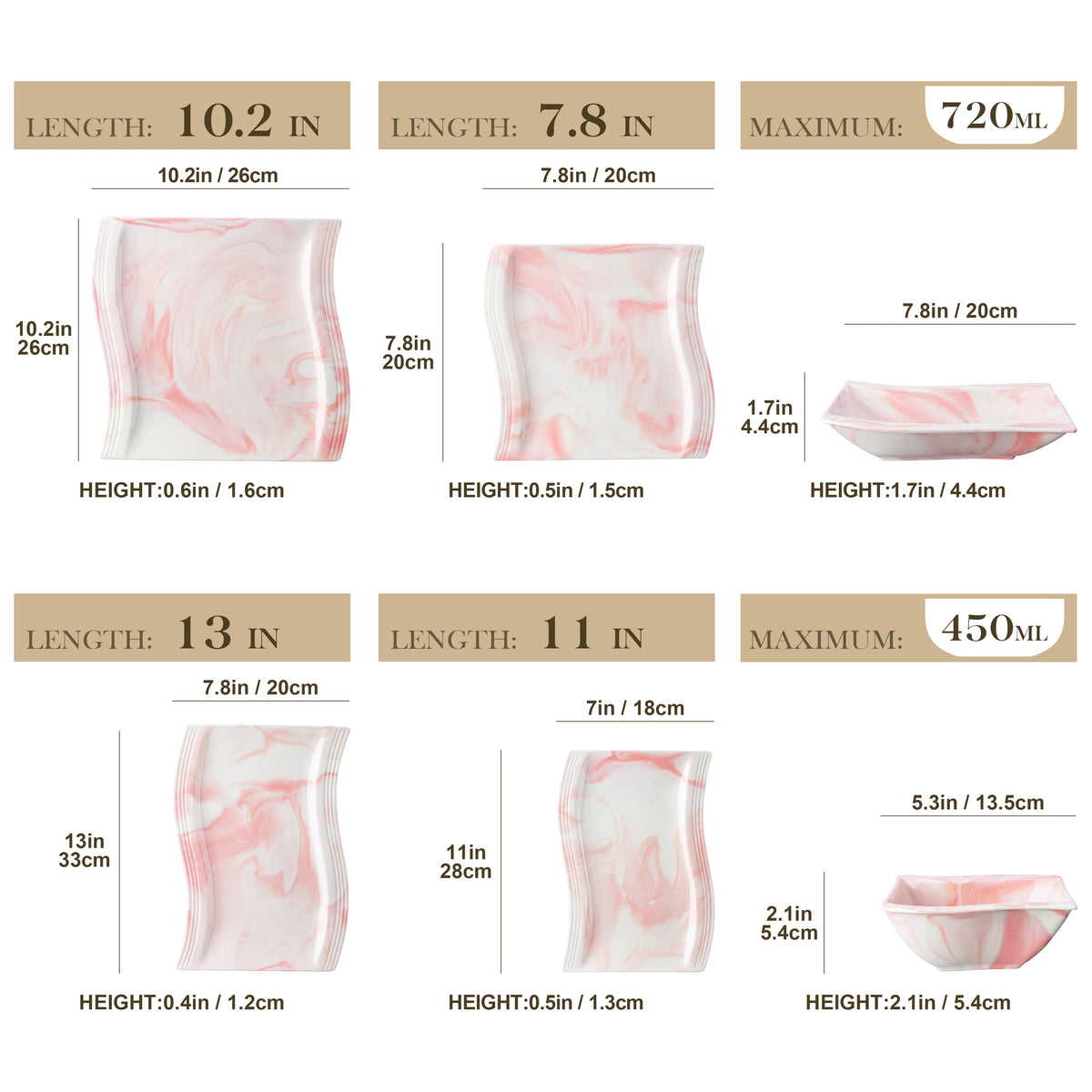 Measurement chart for pink ceramic bowls with dimensions and capacities.