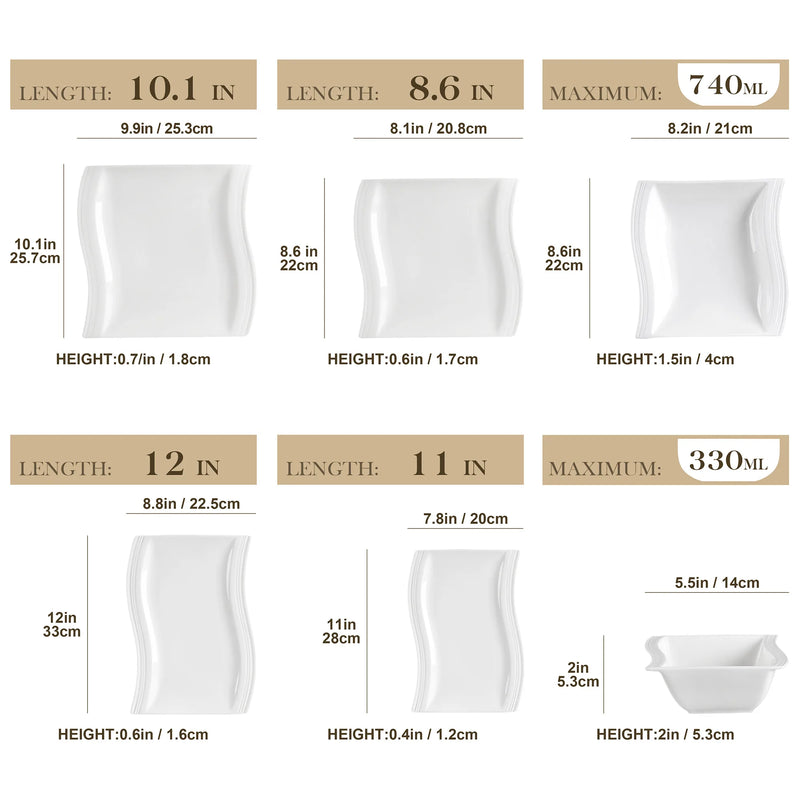 Measurement chart of white containers with dimensions and capacities.