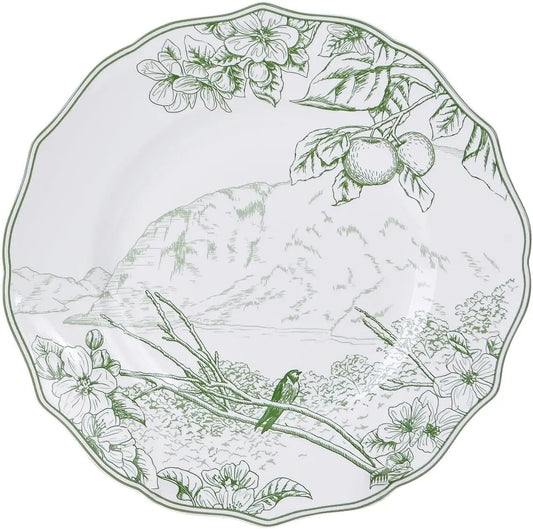 Decorative plate with green botanical illustrations on a white background