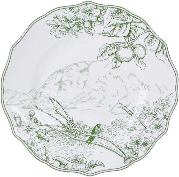 Decorative plate with green botanical illustrations on a white background