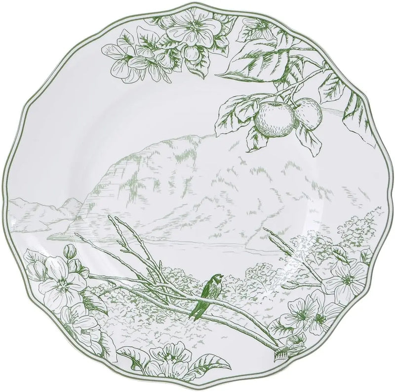 Decorative plate with green botanical illustrations on a white background