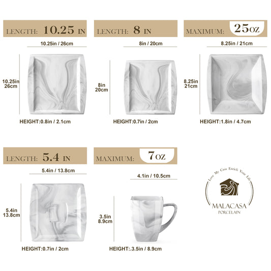 MALACASA 30/60PCS Marble Grey Porcelain Tableware Dinnerware Set