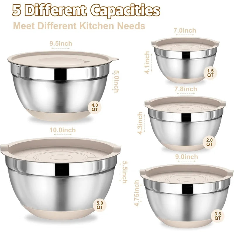 8-Piece Stainless Steel Non-Slip Bottom Mixing Bowl Set with Lids