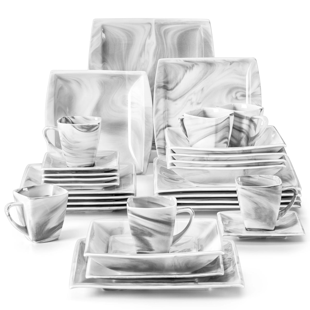 MALACASA 30/60PCS Marble Grey Porcelain Tableware Dinnerware Set