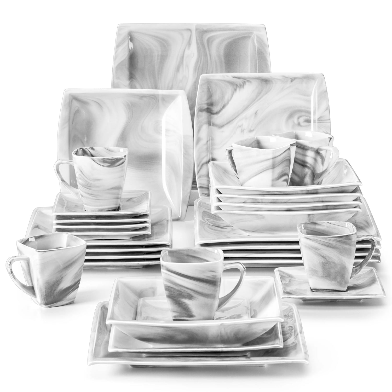 MALACASA 30/60PCS Marble Grey Porcelain Tableware Dinnerware Set