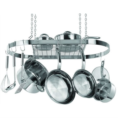 Chrome pot rack with hanging pots and utensils on a white background