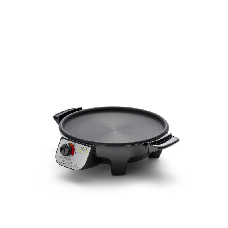 Black electric griddle with temperature control knob on a white background