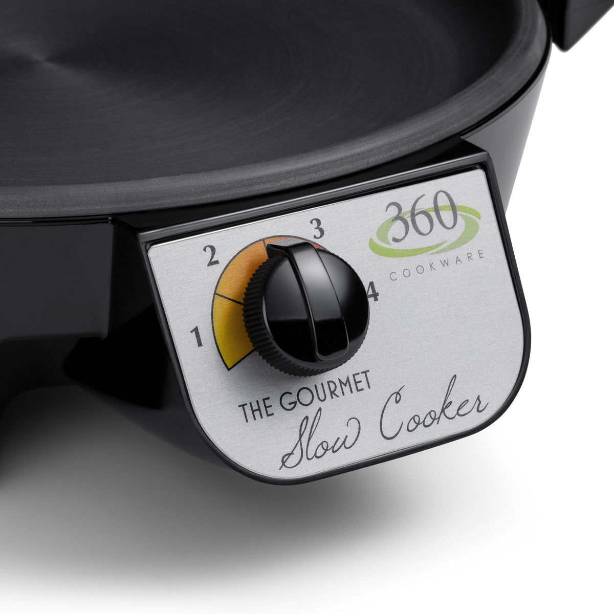 Control panel of a slow cooker with a dial and '360 Cookware' branding.