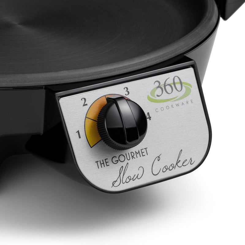 Control panel of a slow cooker with a dial and '360 Cookware' branding.
