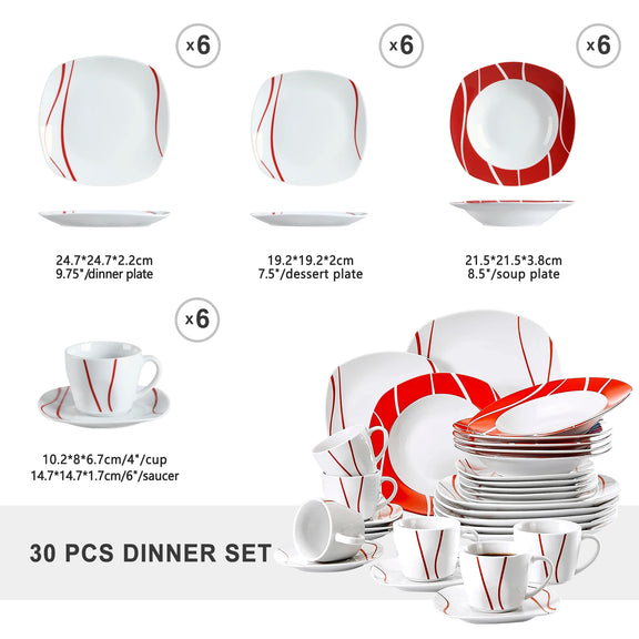 30-piece dinner set with red and white design on a white background
