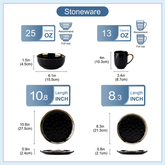 Stoneware product dimensions and capacity information on a light blue background