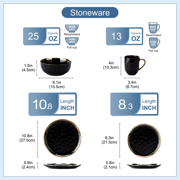 Stoneware product dimensions and capacity information on a light blue background