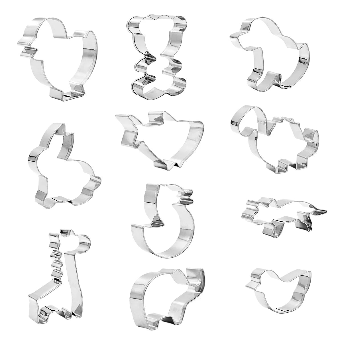 Set of 11 metal cookie cutters with various animal shapes on a white background