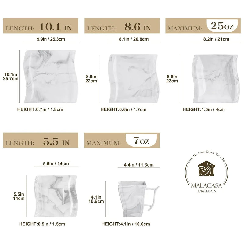 Measurement chart for Malacasa Porcelain tea bags with dimensions and volume capacities.