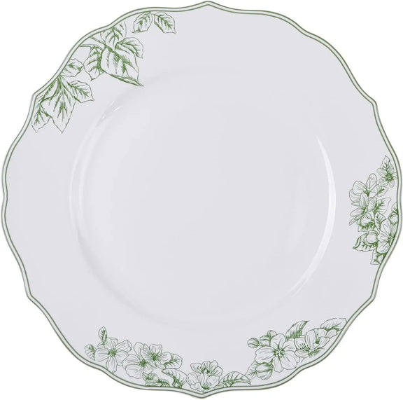 White plate with green floral patterns on a white background