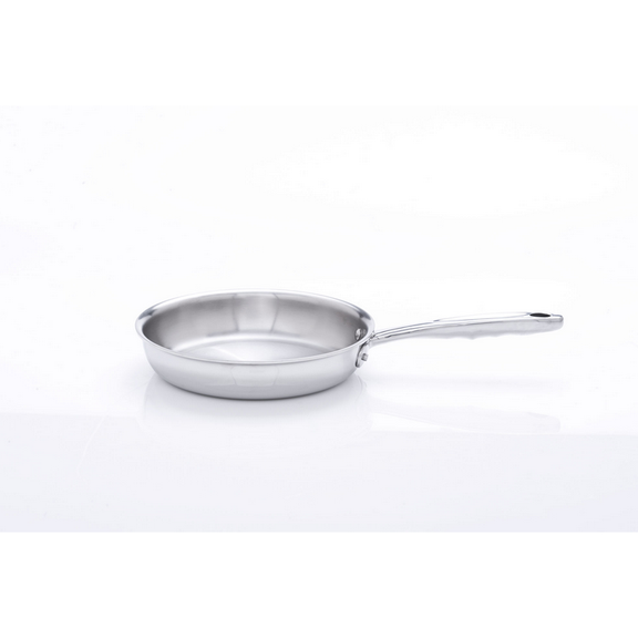 Stainless steel frying pan on a white background