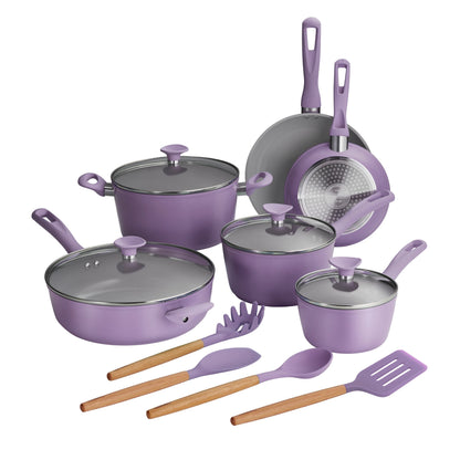 Purple cookware set with utensils on a white background