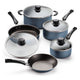 Set of blue cookware with black handles on a white background