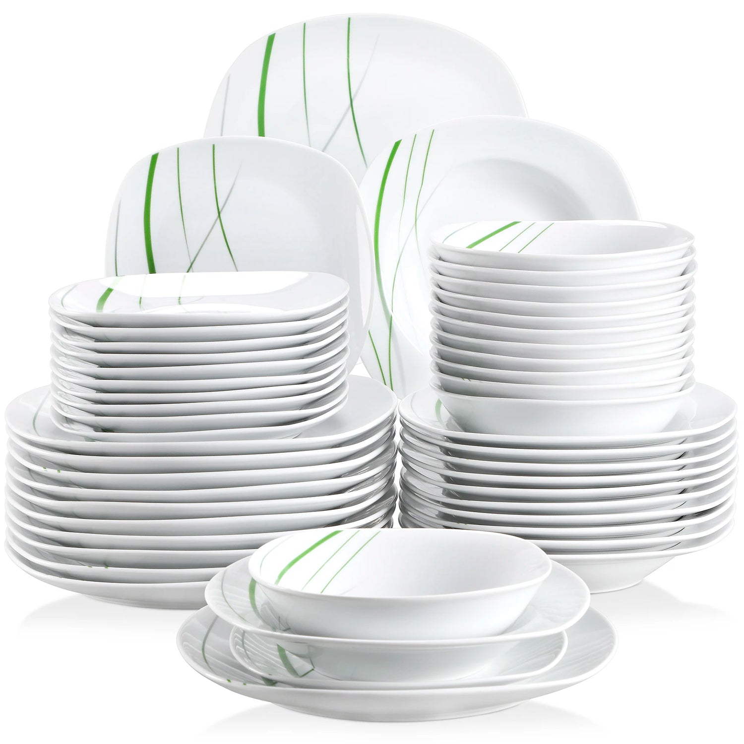 Set of white dinnerware with green accents on a white background