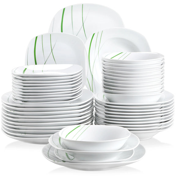 Set of white dinnerware with green accents on a white background
