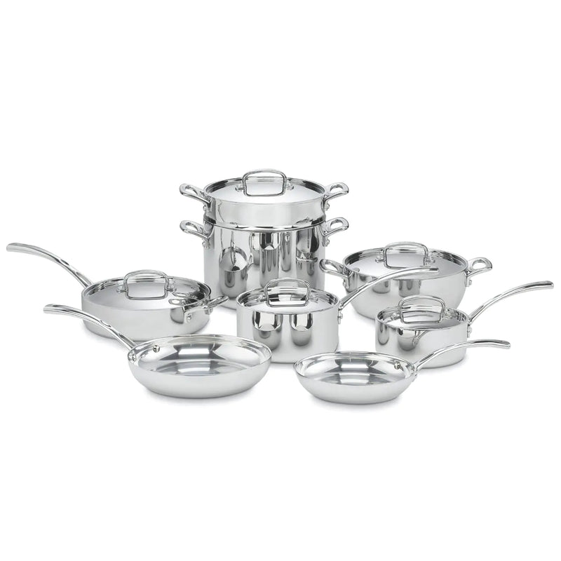 Set of stainless steel cookware on a white background
