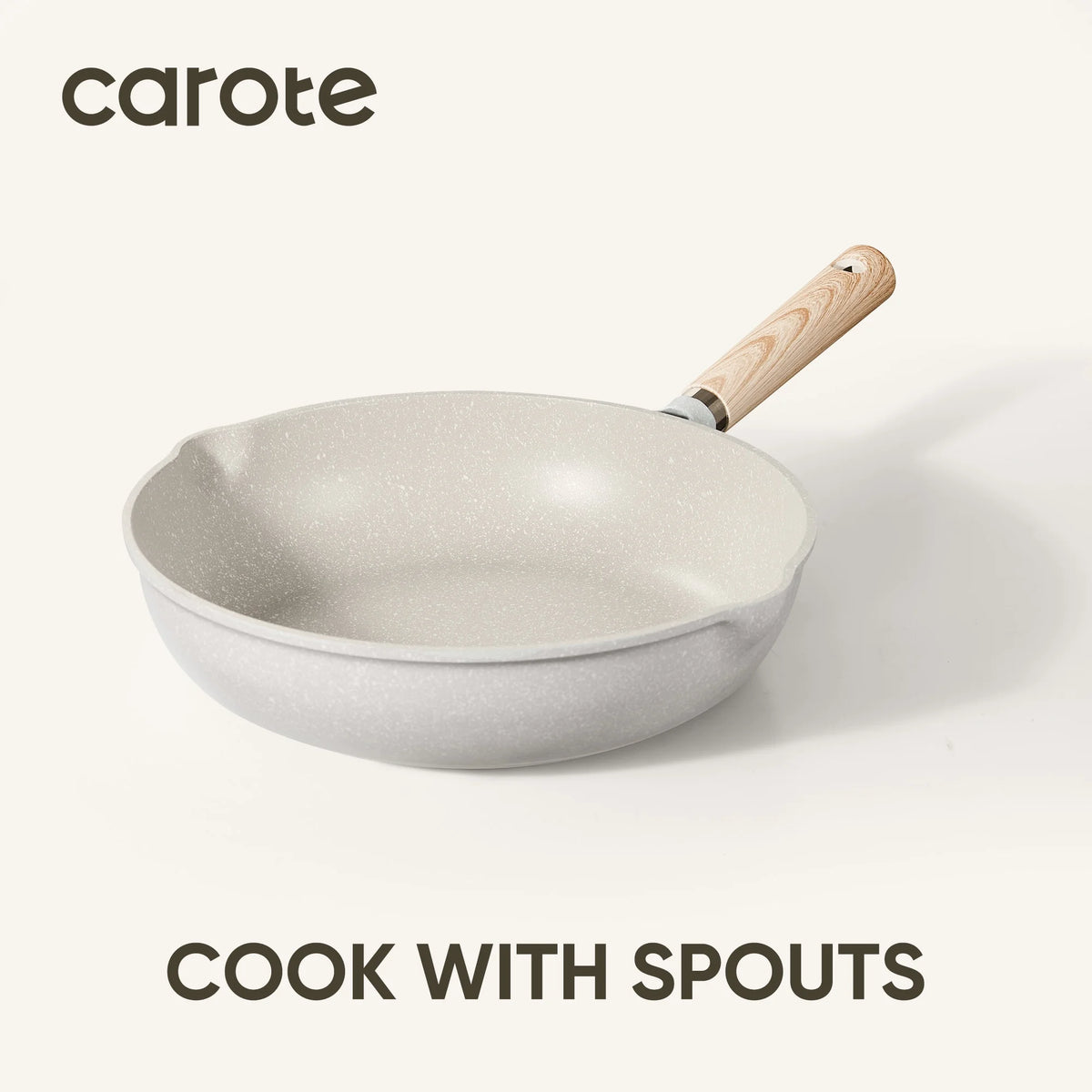 White frying pan with wooden handle on a white background, featuring the brand 'carote'.