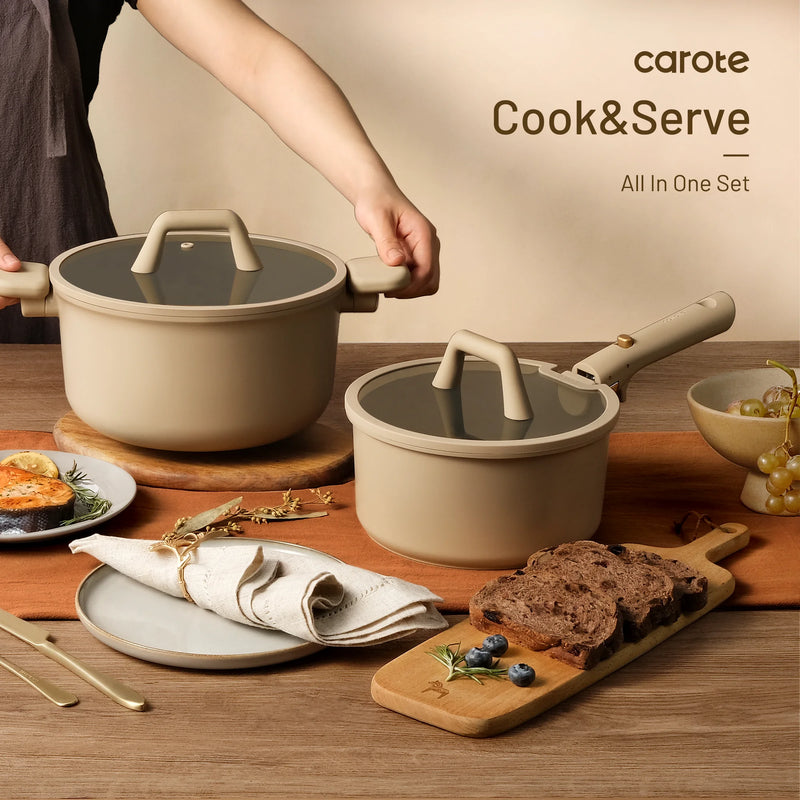 Carote cookware set on a table with food and dining setup