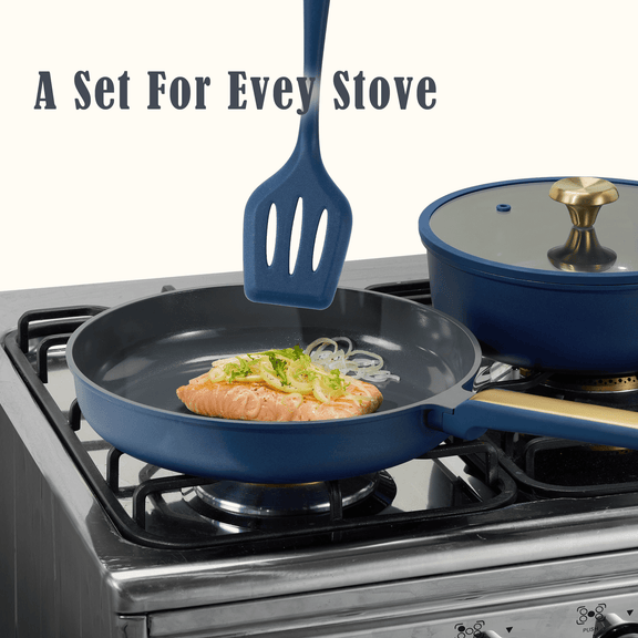 Carote18-Piece Ceramic Nonstick Cookware Set with Utensils, Induction Compatible, Deep Blue