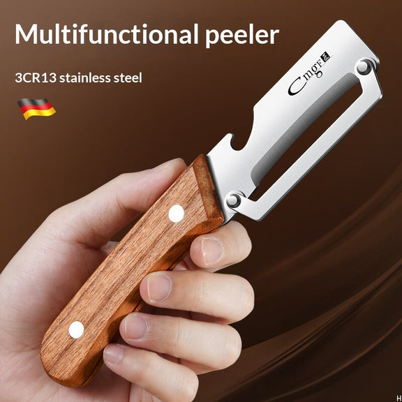 Multifunctional peeler with wooden handle held in a hand against a brown background